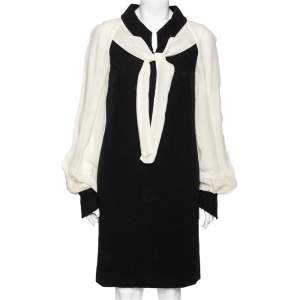 Chanel Black Cotton & Silk Inset Neck Tie Detailed Dress M  