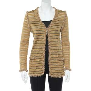 Chanel Gold Lurex Knit Bead Embellished Hook Front Cardigan M