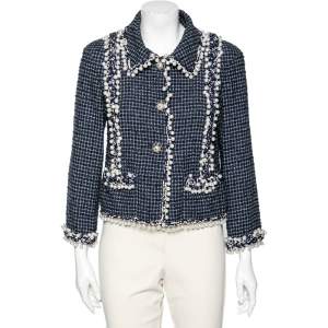 Chanel Blue Tweed Pearl Embellished Button Front Jacket M
