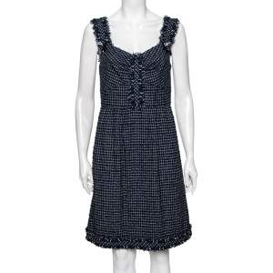 Chanel Navy Blue Tweed Fringe Edged Sleeveless Dress M 