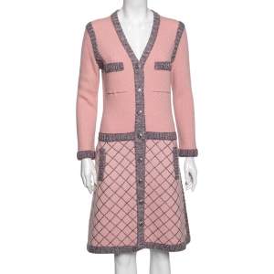 Pre Owned Chanel Pink Patterned Cashmere & Silk Knit Button Front Dress M 