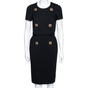 Chanel Black Wool Brooch Embellished Overlay Paneled Dress M 