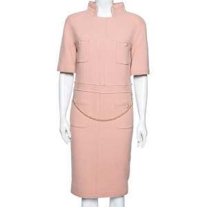 Chanel Peach Textured Wool Pearl Belt Embellished Midi Dress M 