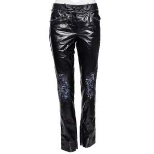 Chanel Black Leather Contrast Tweed Detailed Pants M