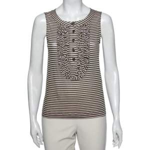 Chanel Pink & Green Striped Cotton Ruffle Trim Detailed Tank Top M 