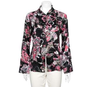 Chanel Black & Pink Printed Satin Silk Button Front Shirt M 