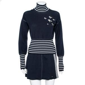 Chanel Navy Blue & White Striped Knit Plane Embellished Jumper & Skirt Set S