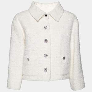 Chanel Ivory Tweed Pocketed Button Front Jacket L