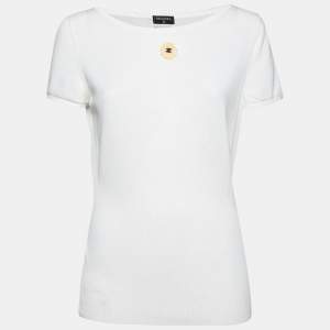 Chanel Ivory Silk Knit Logo Applique Detail Short Sleeve Top M