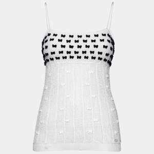 Chanel White Perforated Knit Bow Appliqued Sleeveless Top L