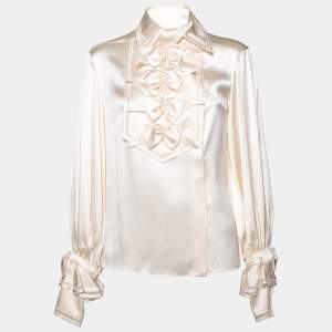 Chanel Ivory Satin Silk Bow Applique Detailed Button Front Blouse S
