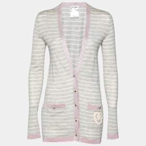 Chanel Grey Striped Cashmere & Metallic Lurex Knit Trim Cardigan S