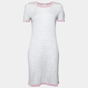 Chanel Pale Blue Striped Cashmere Knit Logo Embroidered Dress L