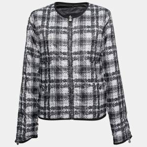 Chanel Grey Checked Tweed Print Technical Fabric Reversible Jacket L