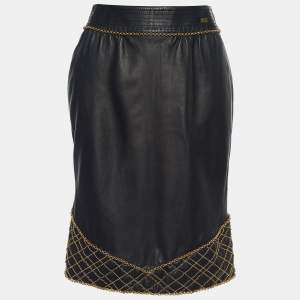 Chanel Black Leather Chain Embellished Pencil Skirt S