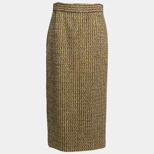 Chanel Yellow & Grey Lurex Tweed Zip Detail Midi Skirt L