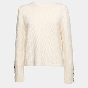 Chanel Cream Textured Cashmere Long Sleeve Sweater L