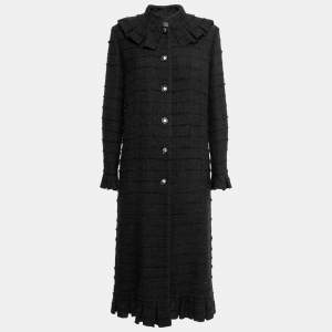 Chanel Black Tweed Pleat Trimmed Button Front Coat L