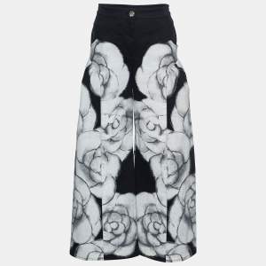 Chanel Black Camellia Print Denim High Waist Flared Jeans