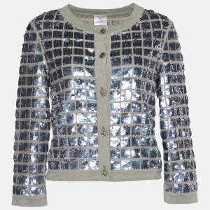 Chanel Beige & Grey Sequined Grid Button Front Cardigan M