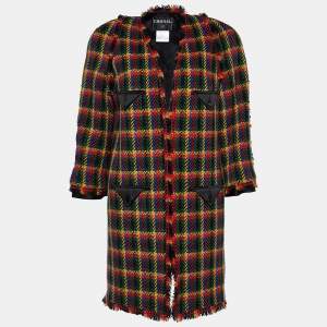 Chanel Vintage Multicolor Patterned Wool Open Front Fringed Coat L