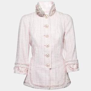 Chanel Pink Tweed Floral Brooch Detail Button Front Jacket M