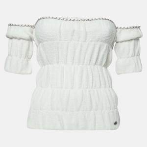 Chanel White Cotton Knit Ruched Off-Shoulder Top M