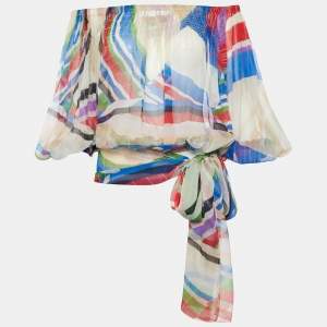 Chanel Multicolour Silk Plisse Stripes Print Tie Up Blouse M