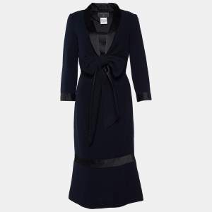 Chanel Navy Blue Wool & Silk Trim Tie Front Dress S