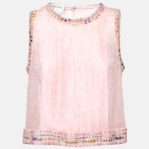 Chanel Pink Lurex Cotton & Tweed Trimmed Sleeveless Top L