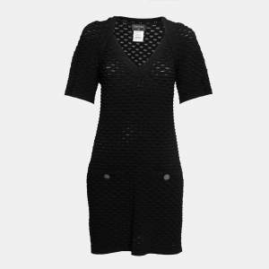 Chanel Black Textured Knit Pocket Front Button Front Dress M
