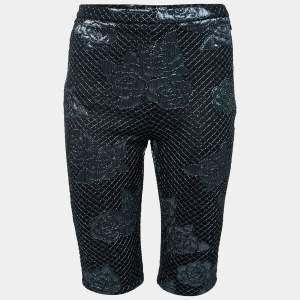 Chanel Navy Blue Stretch Jersey Camellia Embroidered Shorts L