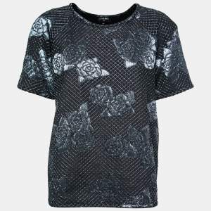 Chanel Navy Blue Stretch Jersey Camellia Embroidered Blouse L