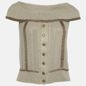 Chanel Ecru Metallic Print Knit Chain Detail Off-Shoulder Top S