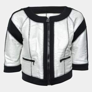 Chanel Silver Neoprene & Mesh Trim Zip Front Cropped Jacket M