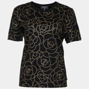 Chanel Black Camelia Glitter Print Cotton Crew Neck T-Shirt L