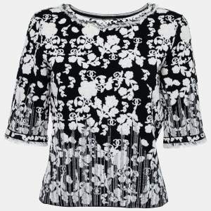 Chanel Black Floral Jacquard Knit Sweater Top L
