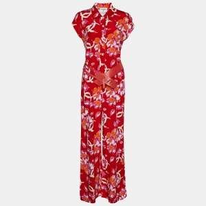 Chanel Red CC Floral Printed Silk Belted Jumpsuit M