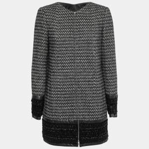 Chanel Black Monochrome Angora Zip-Front Tweed Coat M