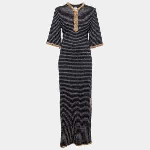 Chanel Blue & Gold Lurex Knit Beaded Trim Maxi Dress S