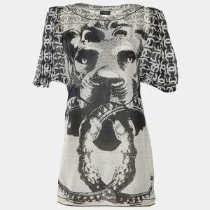 Chanel Black and White Lion Printed Cotton & Silk Tie Detail Top M