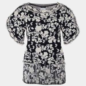 Chanel Black Logo jacquard Knit Distressed Detail Top S