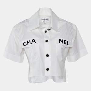 Chanel White Logo Printed Cotton Button Front Cropped Shirt S
