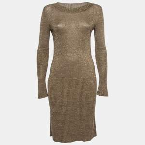 Pre Owned Chanel Gold Metallic Ribbed Knit Sweater Dress S  