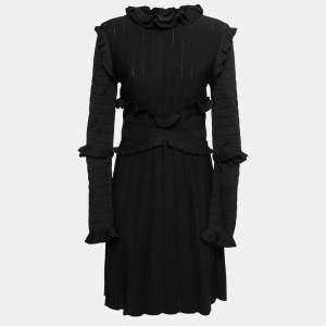 Chanel Black Wool Ruffle Trimmed Pleated Dress M