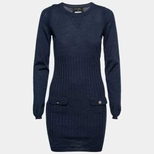 Chanel Blue Wool Ribbed Knit Sweater Dress M