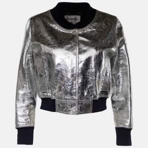Chanel Metallic Silver Lambskin Bomber Jacket S