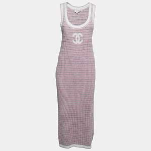 Chanel Red & Blue Logo Patterned Knit Midi Dress L