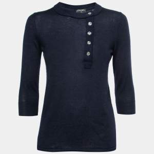Chanel Dark Blue Cashmere Button Embellished Sweater Top M