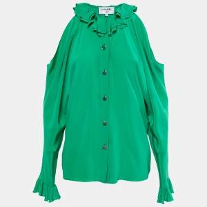 Chanel Green Silk Ruffle Trimmed Cold Shoulder Button Front Blouse S